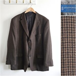 Stafford Essentials 100% Lambswool Brown Houndstooth Blazer Sport Coat 48R